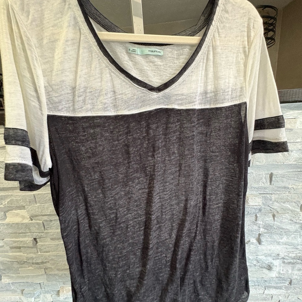 Maurices Black and White Short Sleeve V-Neck Colorblock Tee